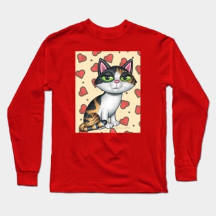 Beautiful Calico Kitty with Red Hearts Long Sleeve T-Shirt